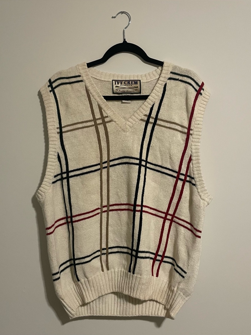 Vintage 90s Ivy Crew Knit Sweater Vest Plaid Grandpa Size Large Fall